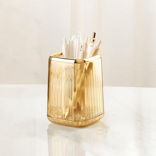 Acrylic Pen Holder, Cute Clear Gold Desk Organizer for Pencils, Makeup Brushes Toothbrushes with Striped Design for Vanity Bathroom Storage Cup