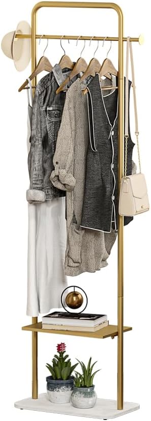 Gold Clothing Rack, Freestanding Coat Rack with Metal Shelves and Natural Marble Base, Small Clothes Stand Organizer for Bedroom, Entryway, Apartment (Gold, 19.7")