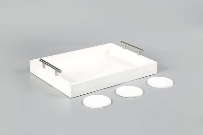 Serving Tray 16.5“X 13“ Deluxe Wooden Ottoman Tray,Coffee Table with Polished Silver Metal Handles-4 Round Coasters Included, White