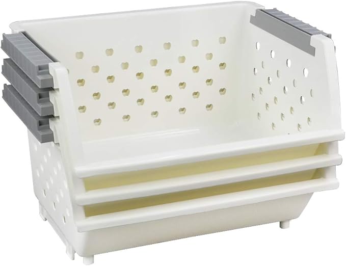 3-Pack Plastic Stacking Storage Organizer Basket, Stackable Basket, White
