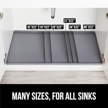 GORILLA GRIP Waterproof Silicone Under Sink Mat with Raised Lip for Kitchen and Bathroom, 28 x 22 in, Cabinet Shelf Liner Stay in Place Mats Dishwasher Safe Drawer Liner, Organizer Tray, Gray