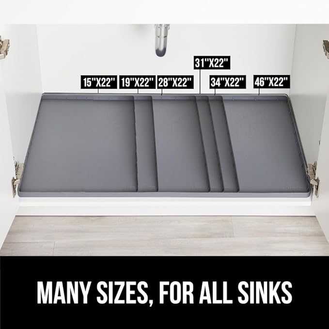 GORILLA GRIP Waterproof Silicone Under Sink Mat with Raised Lip for Kitchen and Bathroom, Cabinet Shelf Liner Stay in Place Mats Dishwasher Safe Drawer Liner, Organizer Tray, 19 x 34 in, Gray