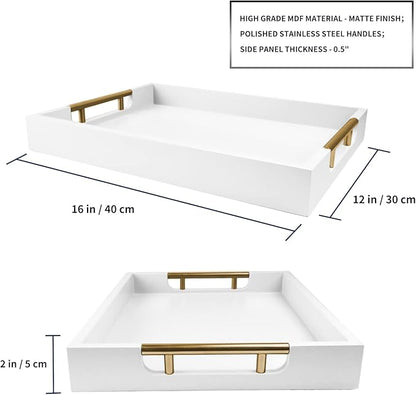 Wooden Decorative Coffee Table Tray, 16" Matte Finish Serving Tray with Handles for Ottoman, Living Room, Perfume, Vanity Dresser Organizer (Ivory White)