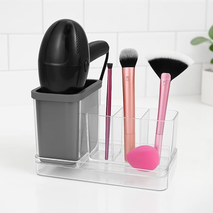 OnDisplay Hair Tool & Makeup Organizer with Silicone-Lined Compartment – Bathroom Counter Storage for Hair Dryer, Brushes, Sponges & Cosmetics – Clear Acrylic Vanity Holder with Removable Tray