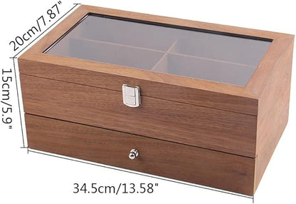 DouSeiAi Double Layer Wooden Sunglasses Organizer, 12 Grids Sunglasses Storage Box, Sunglasses Display Case with Lock Eyewear Holder Organizer Mahogany