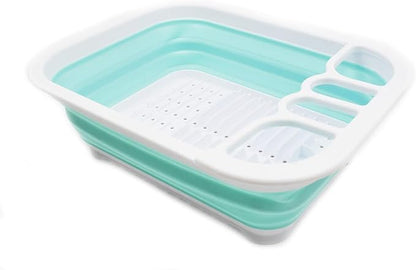 SAMMART Collapsible Plastic Dish Drainer - Foldable Drying Rack Set - Portable Dinnerware Organizer - Space Saving (1, White/Lake Green (w/o Base Board))