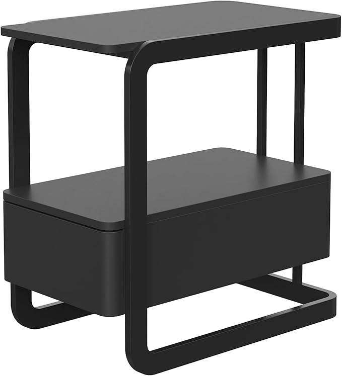 Narrow Side Table, End Table with Drawer& Storage Shelves, Modern Sofa Couch Table Curved Bedside Table for Living Room Bedroom, Narrow Nightstand with Thickening Iron Shelves for Small Space, Black