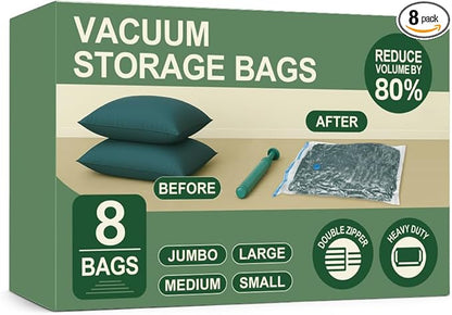 LICOZYVE Vacuum Storage Bags for Travel and Home,8 Pack Vacuum Seal Bags for Clothing,(with Hand Pump, Medium 50 * 70)
