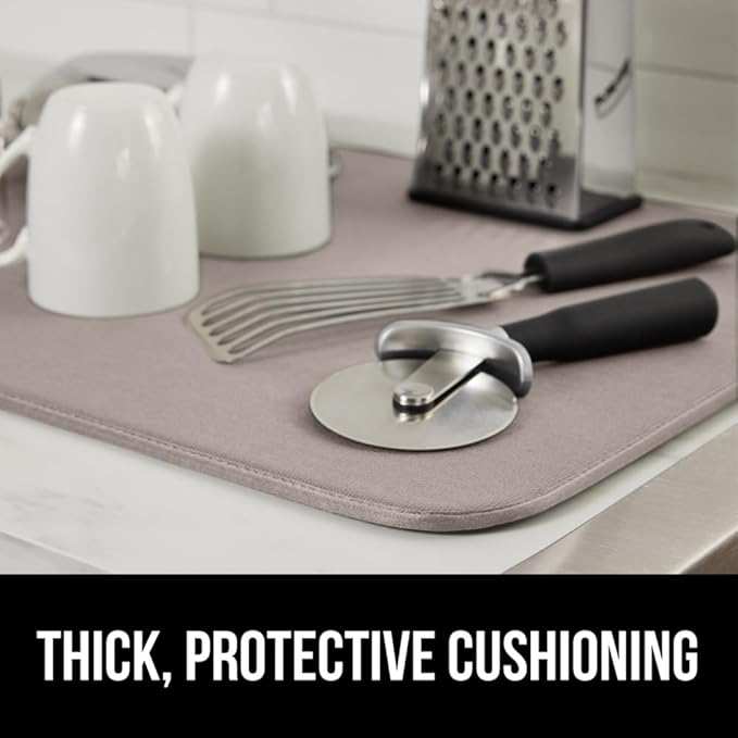 GORILLA GRIP Ultra Water Absorbent Microfiber Dish Drying Mat, Quick Dry Thick Mesh, Slip Resistant Pad for Sink Dishes or Under Rack, Kitchen Counter Accessories, Machine Wash Mats, 18x16, Almond