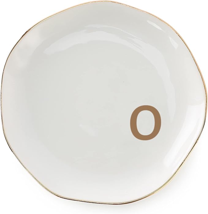 VINCOMIC Initials Ring Dish Jewery Tray with Personalized O-Monogrammed Gifts Wedding Engagement for Women Friends Sister,Ceramic White