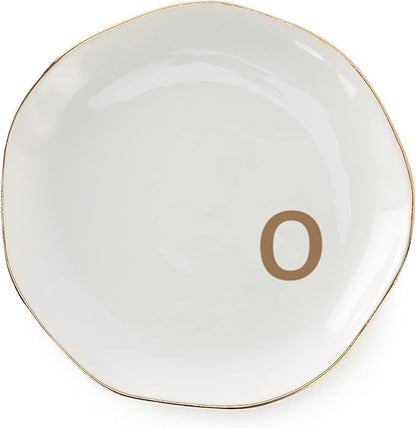 VINCOMIC Initials Ring Dish Jewery Tray with Personalized O-Monogrammed Gifts Wedding Engagement for Women Friends Sister,Ceramic White