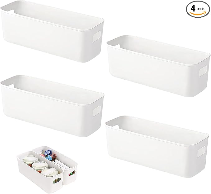 4 Pack White Storage Bin ,10 Inch Storage Bins,Small Plastic Storage Bins, Basket for Bathrooms, Bedrooms, Kitchen, Office, Cupboard, Utility Rooms