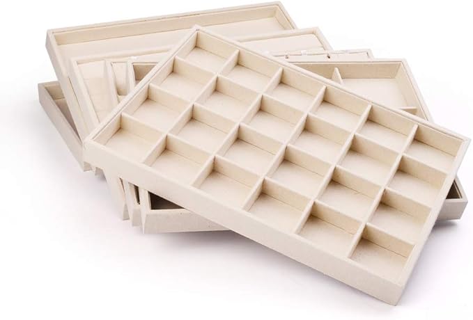 Oirlv Stackable Linen Jewelry Tray Adjustable 24 Grid Jewelry Storage Case for Drawer or Showcase