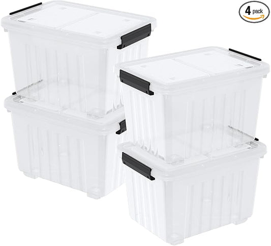 30 L Clear Latching Storage Bin with Wheels, 4 Packs Plastic Storage Container Boxes with Lids