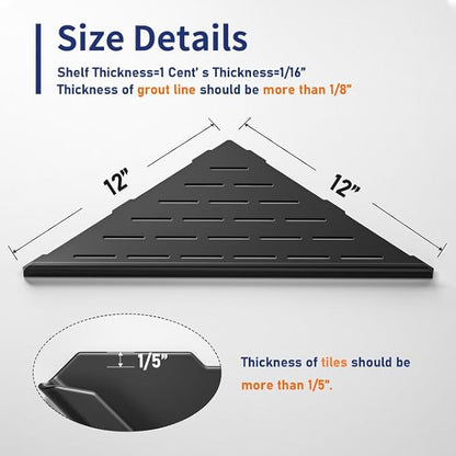 Bernkot Corner Shower Shelf, 12" Matte Black 304 Stainless Steel Slot Design Recessed Corner Shelves 2 Pack Bathroom Grout in Shelf for Tiled Wall, Large Size