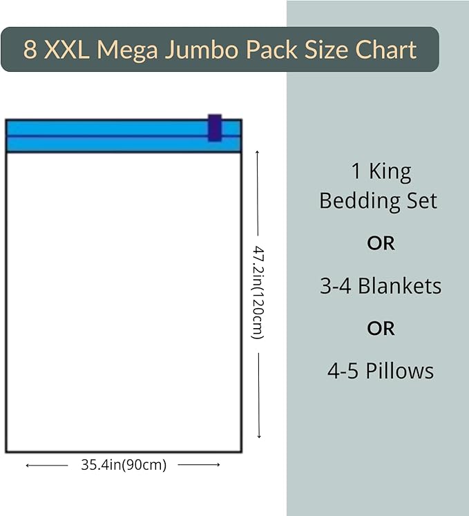 Nellivia 8 Mega Jumbo XXL Vacuum Storage Bags with Pump, Supersized Compression Space Saver for Comforter, duvet, Bedding, Blanket storage, Vacuum Seal Bags for Clothing, Durable Safe Poly Material