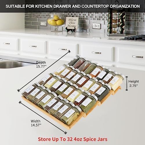 KitHero Spice Drawer Organzier,4 Tiers Bamboo Spice Rack Tray Insert for Cabinet Drawer Countertop, Kitchen Seasoning Storage Drawer Organization,14.57" Wide x 15.8" Deep （Hold UP To 32 Jars