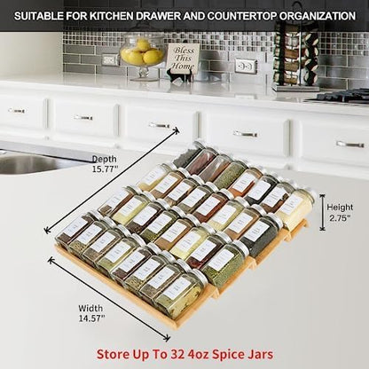KitHero Spice Drawer Organzier,4 Tiers Bamboo Spice Rack Tray Insert for Cabinet Drawer Countertop, Kitchen Seasoning Storage Drawer Organization,14.57" Wide x 15.8" Deep （Hold UP To 32 Jars