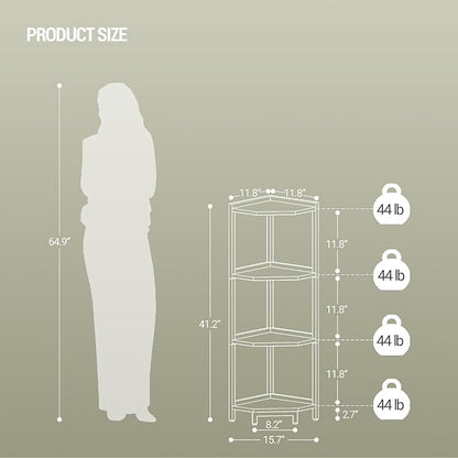 Corner Shelf Stand, Corner Bookshelf, Storage Standing Shelf Unit with Metal Frame, Plant Stand, Bookcase for Living Room, Home Office, Bedroom, 4-Tier White CS05813W