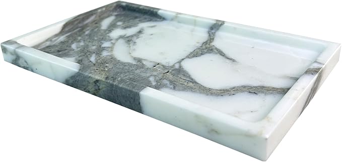 OAIQNUJ Natural White Marble Vanity Tray, 9.8"x5.9" Genuine Marble Stone Tray for Bathroom/Kitchen/Dresser (Arabescato)