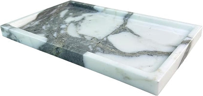 OAIQNUJ Natural White Marble Vanity Tray, 9.8"x5.9" Genuine Marble Stone Tray for Bathroom/Kitchen/Dresser (Arabescato)