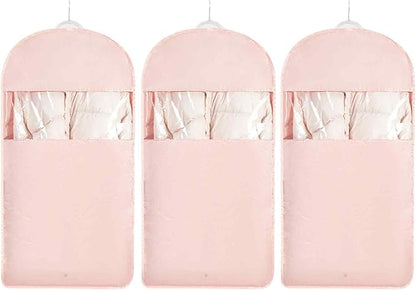 Space Saving Hanging Garment Bag with Self Compression Zipper，Dust Cover Clothes Bags for Down Coat,Dress,Suit，Closet Storage Organizer for Home Travel Use(Pink, L)