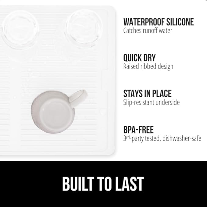 GORILLA GRIP 100% BPA-Free Patented Silicone Dish Drying Mat for Kitchen Counter, 18x24 Inch, Water Catching Ribbed Design, Easy Clean Waterproof Sink Liner, Heat Resistant, Fits Under Rack, White
