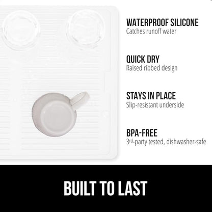 GORILLA GRIP 100% BPA-Free Patented Silicone Dish Drying Mat for Kitchen Counter, 18x24 Inch, Water Catching Ribbed Design, Easy Clean Waterproof Sink Liner, Heat Resistant, Fits Under Rack, White