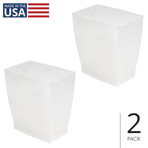 iDesign Small Plastic Bathroom Trash Can, Slim Rectangle Garbage Bin for Bedroom, Office, Dorm, 2-Pack, Frost