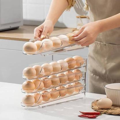 Egg Holder for Fridge,Stackable 1-4 Tiers Container,Auto Rolling Fridge Organizer for Refrigerator,Space-Saving Dispenser Holder,Refrigerator Egg Rack Transparent (1 Pack)