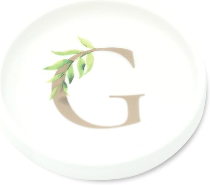 Trinket Tray Jewelry Dish with Monogrammed G in Gold Ring Holder - White Trinket Dish - Personalized Ring Dish or Jewelry Tray - Cedar & Ink (G)