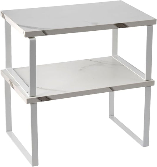 Cabinet Organizer Shelf, Set of 2 Expandable Kitchen Countertop Shelves with Spice Rack - Stackable Storage in Metal and Wood15.7 inches (White)