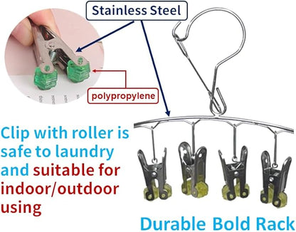 Quick Release Arc Stainless Steel Laundry Drying Rack with 8 Clips,Swivel Hook Wind-Proof Clothes Hanger Rack for Sock, Bras, Underwear, Laundry Accessories