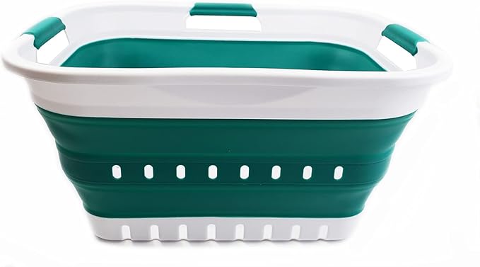 SAMMART 30L (8 Gallon) Collapsible 3 Handled Plastic Laundry Basket - Foldable Pop Up Storage Container/Organizer - Space Saving Hamper/Basket (White/Dark Green)