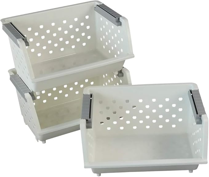 Fiaze 3-Pack White Plastic Kitchen Stackable Storage Baskets, Stackable Storage Bins Open Front for Pantry