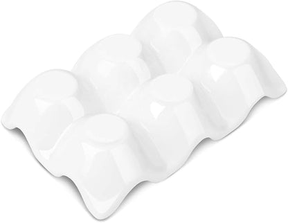 Flexzion Ceramic Egg Holder for Fridge - 6 Cups Egg Tray Half Dozen Porcelain Container Keeper Storage Organizer Decorative Serving Dish Serveware for Refrigerator Countertop Display Kitchen (White)