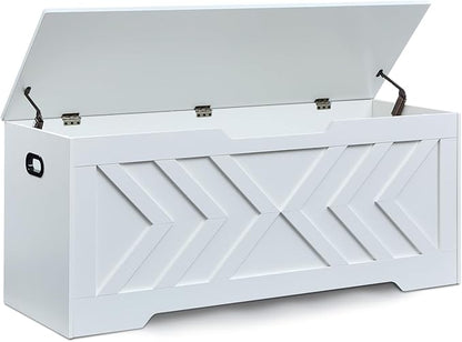 47.2” Storage Bench,Extra Large Wooden Storage Chest with 2 Safety Hinges,entryway Bench,Blanket Storage,Shoe Storage Bench for Entryway,Bedroom,Living Room,Easy Assembly. (White, 47.2x15.7x19)