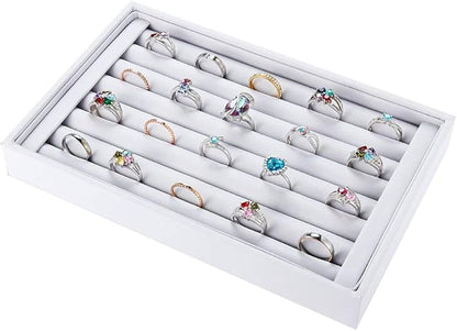Valyria Velvet 7 Slots Ring Earrings Trays Showcase Display Jewelry Organizer (White PU Leather)
