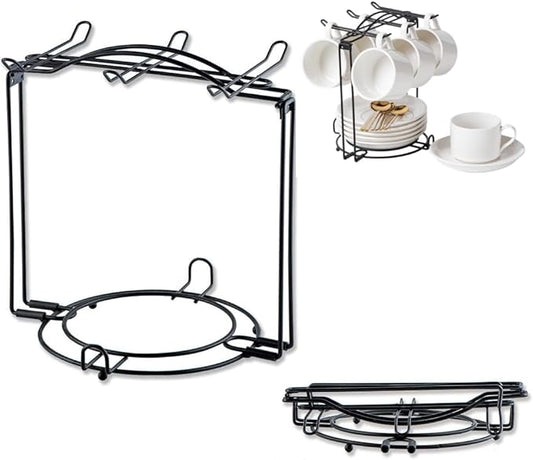 YOLIFE Tea Cup Holder for Countertop, Metal Cup and Saucer Display Stand, Foldable Tea Station Organizer, Espresso Coffee Cups Rack for Home or Bar Decor