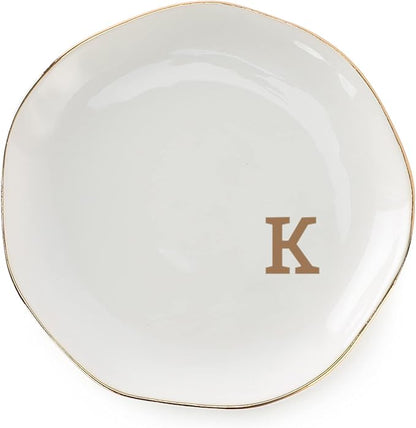 VINCOMIC Initials Ring Dish Jewery Tray with personalized K-Monogrammed Gifts Wedding Engagement for Women Friends sister,Ceramic White