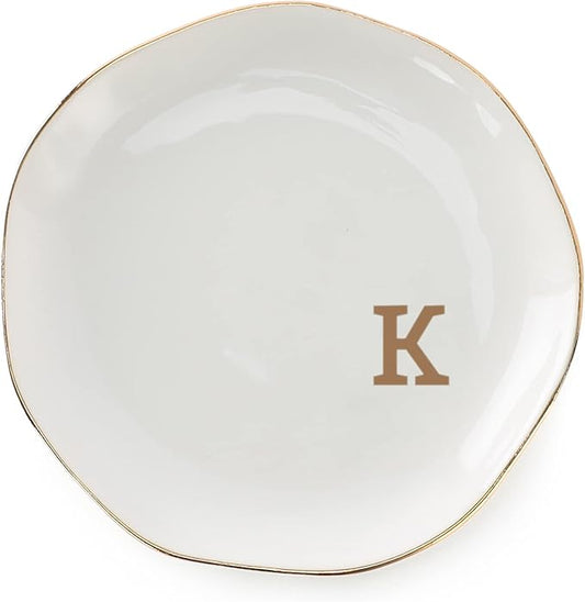 VINCOMIC Initials Ring Dish Jewery Tray with personalized K-Monogrammed Gifts Wedding Engagement for Women Friends sister,Ceramic White