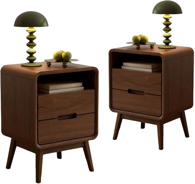Vadisun Walnut Nightstand Set of 2, Solid Wood Nightstand with Drawers & Open Storage Shelf, Mid Century Modern Nightstands, Wood End Table for Bedroom, (Dark Black Walnut, 23.23" H)