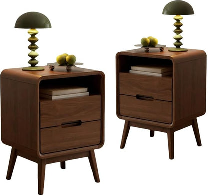 Vadisun Walnut Nightstand Set of 2, Solid Wood Nightstand with Drawers & Open Storage Shelf, Mid Century Modern Nightstands, Wood End Table for Bedroom, (Dark Black Walnut, 23.23" H)