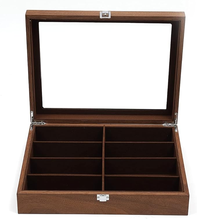 DouSeiAi Wooden Sunglasses Storage Box, 8 Grids Glasses Organizer, Sunglasses Display Holder with Lock Eyewear Showcase Organizer Walnut