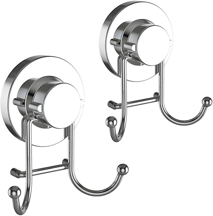HOME SO Suction Cup Hooks for Shower, Bathroom, Kitchen, Glass Door, Mirror, Tile – Loofah, Towel, Coat, Bath Robe Hook Holder for Hanging up to 15 lbs – Rustproof Chrome Stainless Steel (2-Pack)