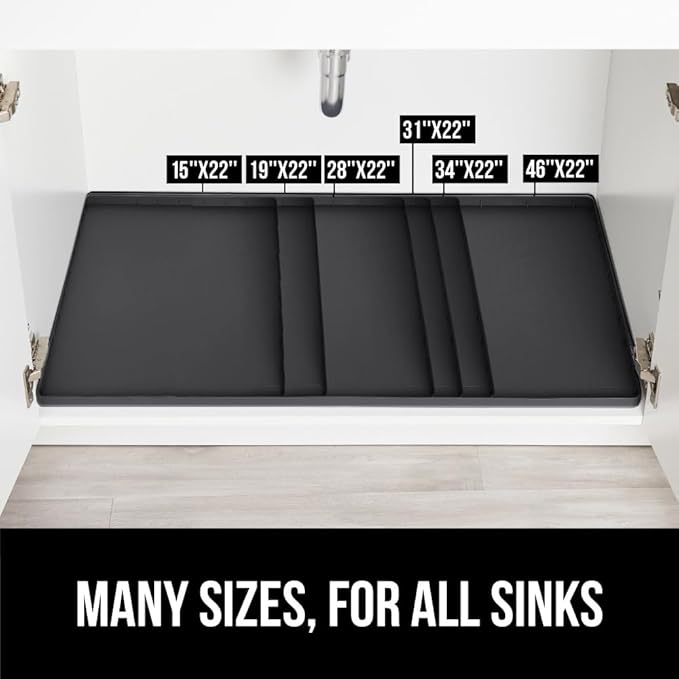 GORILLA GRIP Waterproof Silicone Under Sink Mat with Raised Lip for Kitchen and Bathroom, 46 x 22 in, Cabinet Shelf Liner Stay in Place Mats Dishwasher Safe Drawer Liner, Organizer Tray, Black