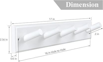 Wood Coat Rack Wall Mounted, 16'' Hole to Hole Wooden Peg Rail for Wall Hangers, 5 Pegs Bamboo Wall Hook for Hanging Towels Hats Robes Clothes Keys, White