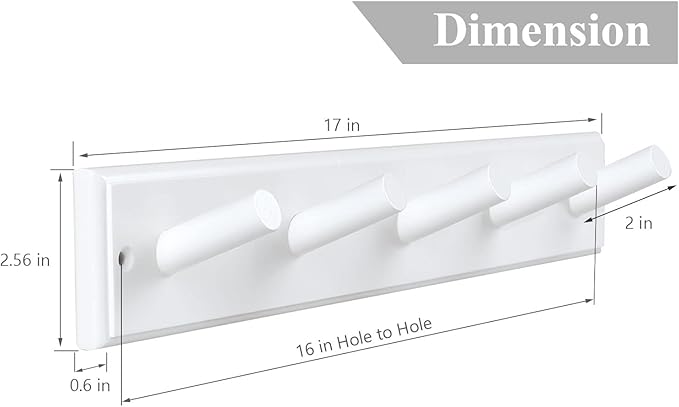 Wooden Coat Rack 2Pcs, 16'' Hole to Hole Wooden Wall-Mounted Coat Hooks, 5 Pegs Bamboo Wall Hooks for Hanging Towels, Hats, Robes, Clothes, Keys, White