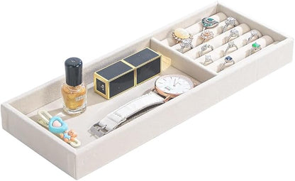 Divided Drawer Organizer Tray, Velvet Jewelry Storage Tray, Necklace Bracelet Ring Earring Display Tray,Bedside Nightstand Desk Holder Tray for Phone Watch Sunglasses Cosmetics Storage/Beige/2grid