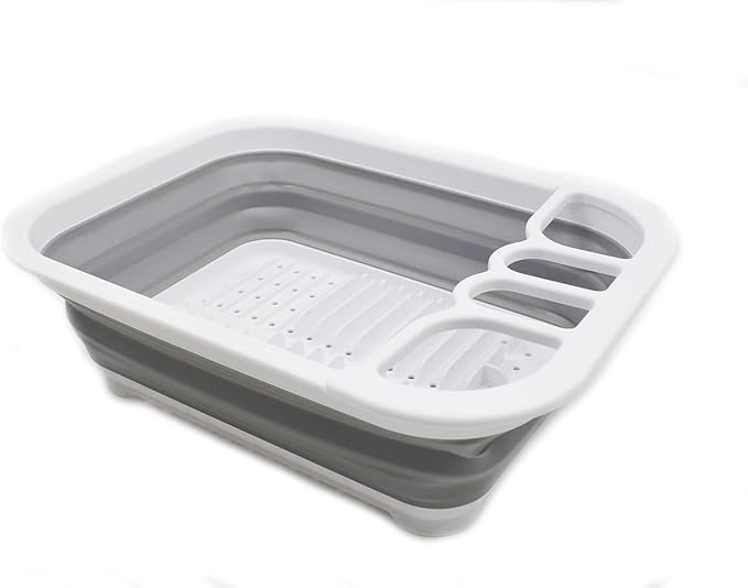 SAMMART Collapsible Plastic Dish Drainer - Foldable Drying Rack Set - Portable Dinnerware Organizer - Space Saving Dishes and Utensil Kitchen Storage (1, White/Grey (w/o Base Board))